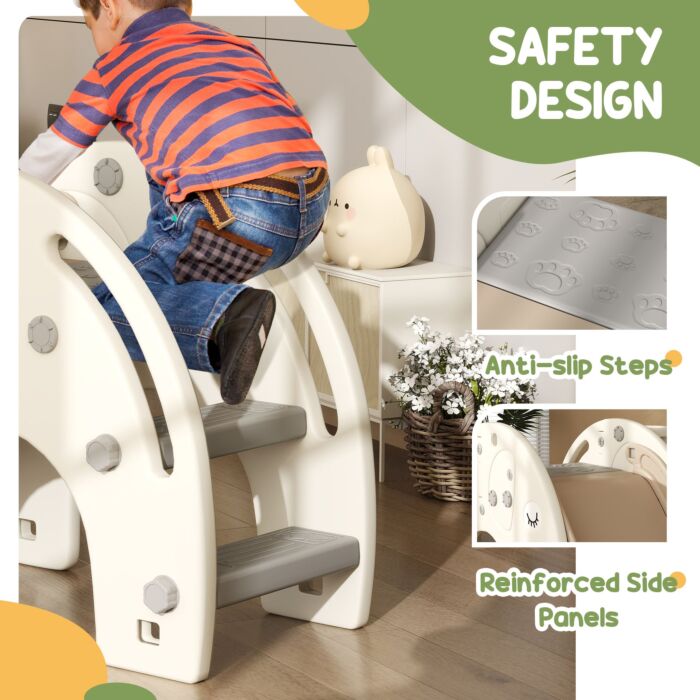 Aiyaplay 3 In 1 Toddler Slide With Basketball Hoop, Climber, Elephant-themed, For 1-3 Years, Cream White