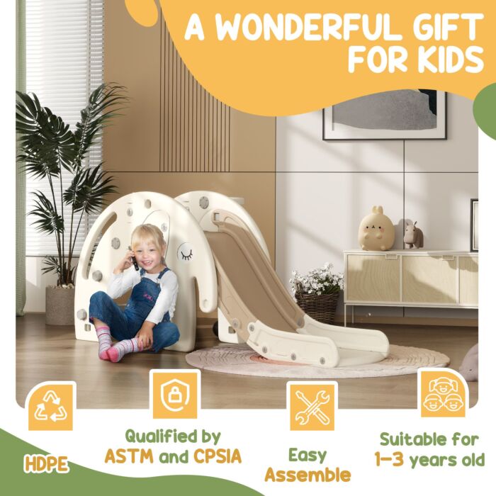 Aiyaplay 3 In 1 Toddler Slide With Basketball Hoop, Climber, Elephant-themed, For 1-3 Years, Cream White