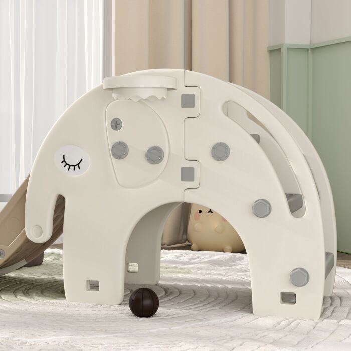 Aiyaplay 3 In 1 Toddler Slide With Basketball Hoop, Climber, Elephant-themed, For 1-3 Years, Cream White