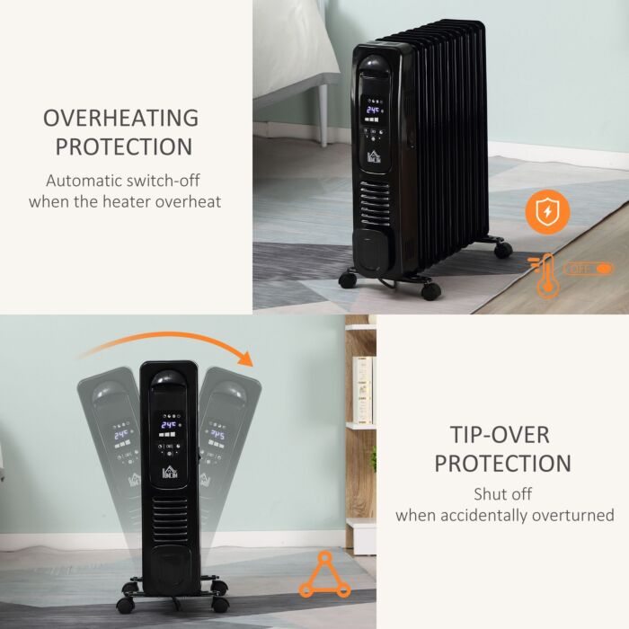 Homcom 2720w Digital Display Oil Filled Radiator 11fin Portable Electric Heater W/ Built-in Timer Three Heat Settings Safety Switch Remote Control