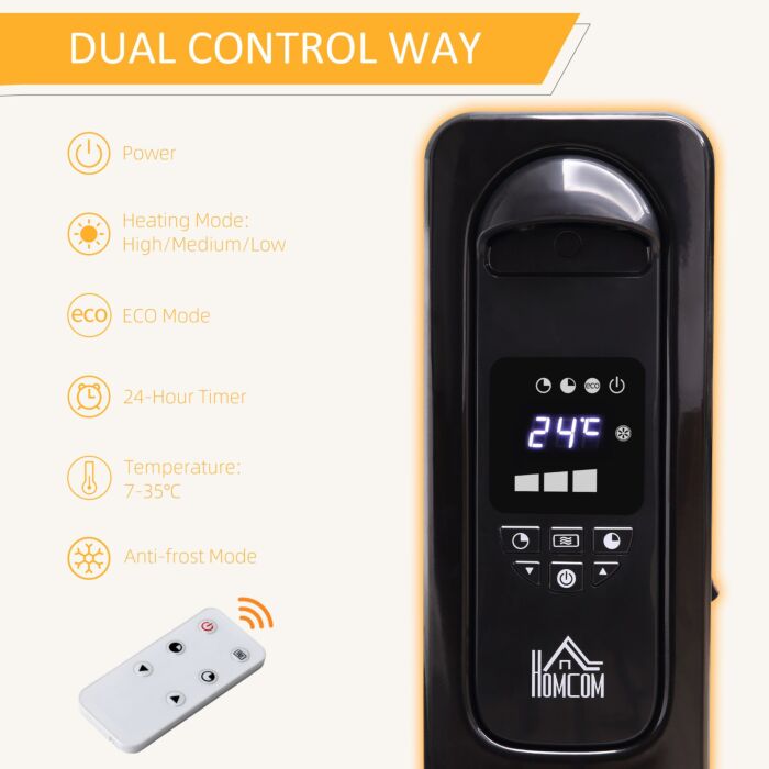 Homcom 2720w Digital Display Oil Filled Radiator 11fin Portable Electric Heater W/ Built-in Timer Three Heat Settings Safety Switch Remote Control