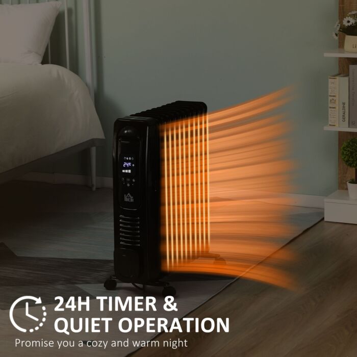 Homcom 2720w Digital Display Oil Filled Radiator 11fin Portable Electric Heater W/ Built-in Timer Three Heat Settings Safety Switch Remote Control
