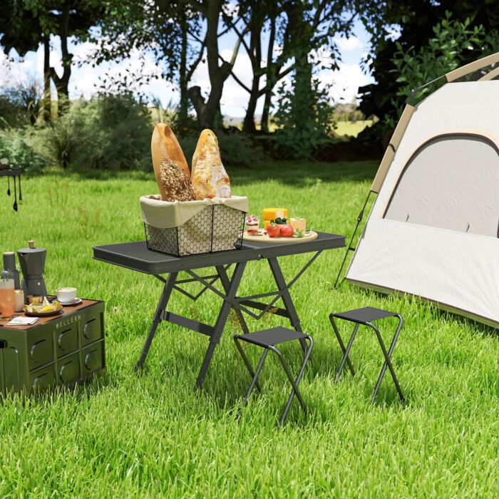 Outsunny 3 Ft Folding Camping Table W/ Adjustable Heights, Outdoor Folding Picnic Table With Metal Mesh Desktop & Aluminium Legs, Portable Lightweight Bbq Table For Picnic, Garden, Party, Black