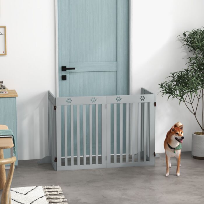 Pawhut Wooden Pet Gate Foldable Freestanding Dog Safety Barrier W/ Support Feet, Grey