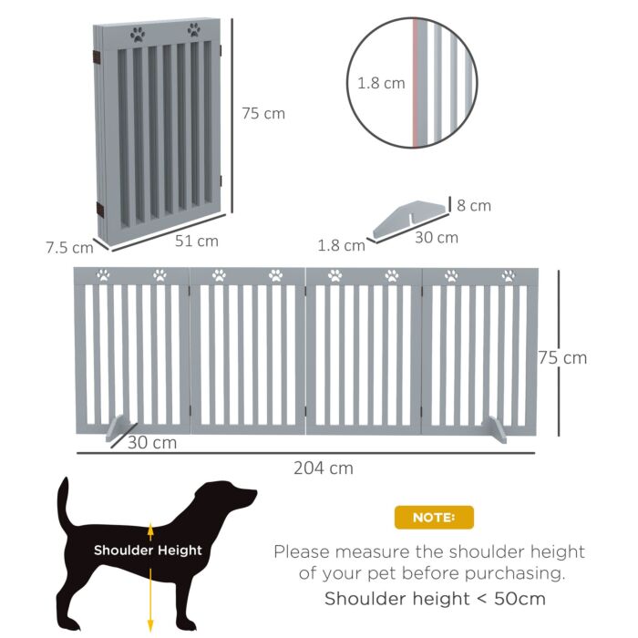 Pawhut Wooden Pet Gate Foldable Freestanding Dog Safety Barrier W/ Support Feet, Grey