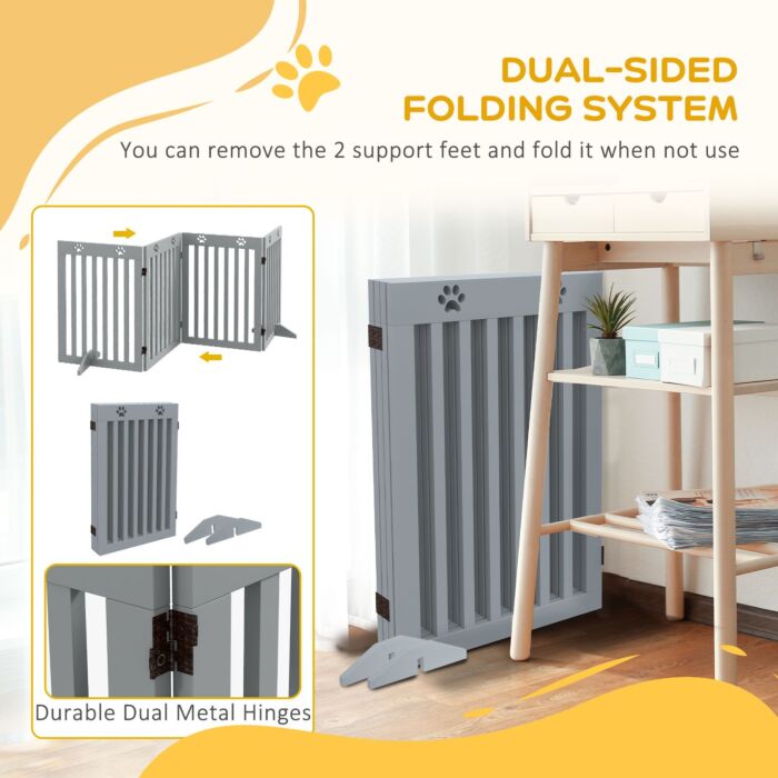 Pawhut Wooden Pet Gate Foldable Freestanding Dog Safety Barrier W/ Support Feet, Grey