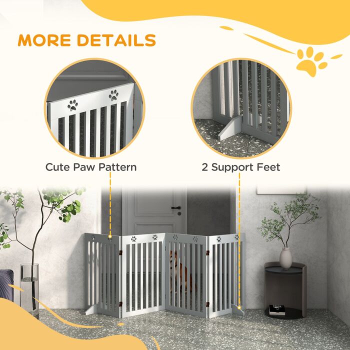 Pawhut Wooden Pet Gate Foldable Freestanding Dog Safety Barrier W/ Support Feet, Grey