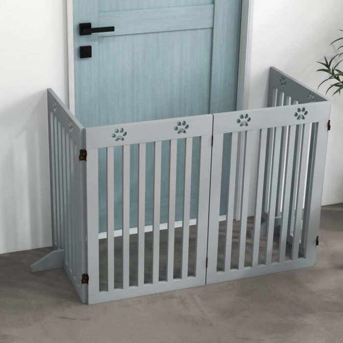 Pawhut Wooden Pet Gate Foldable Freestanding Dog Safety Barrier W/ Support Feet, Grey