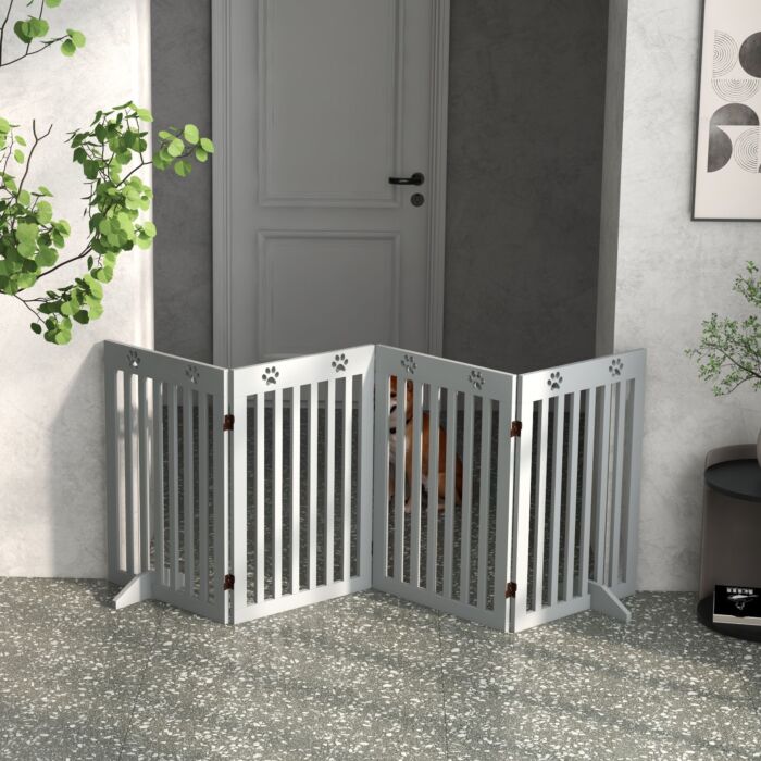 Pawhut Wooden Pet Gate Foldable Freestanding Dog Safety Barrier W/ Support Feet, Grey