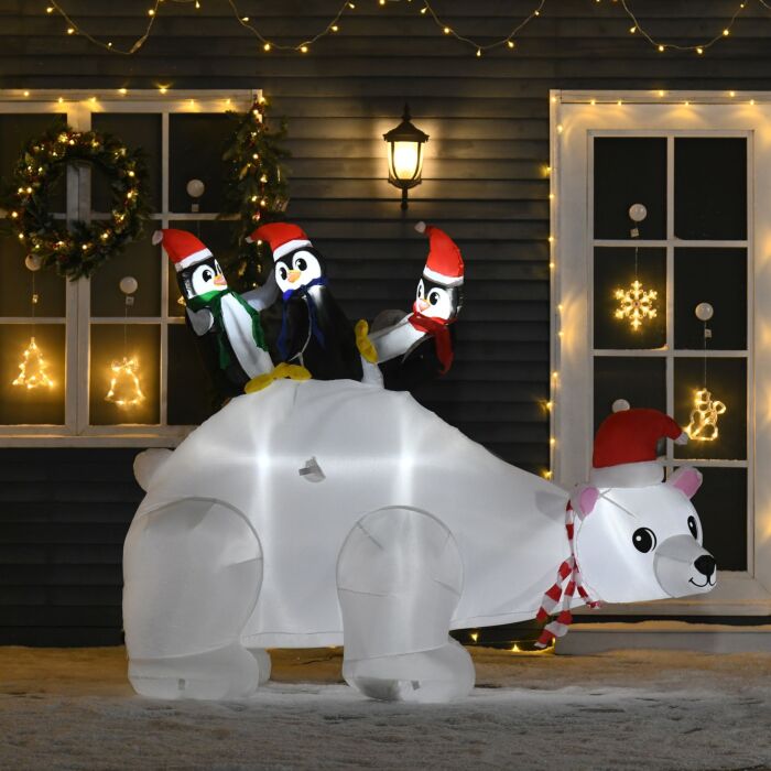 Homcom 5ft Outdoor Christmas Inflatable With Led Light, Lighted Blowup Polar Bear With Three Penguins, Giant Yard Party Decoration For Garden Lawn