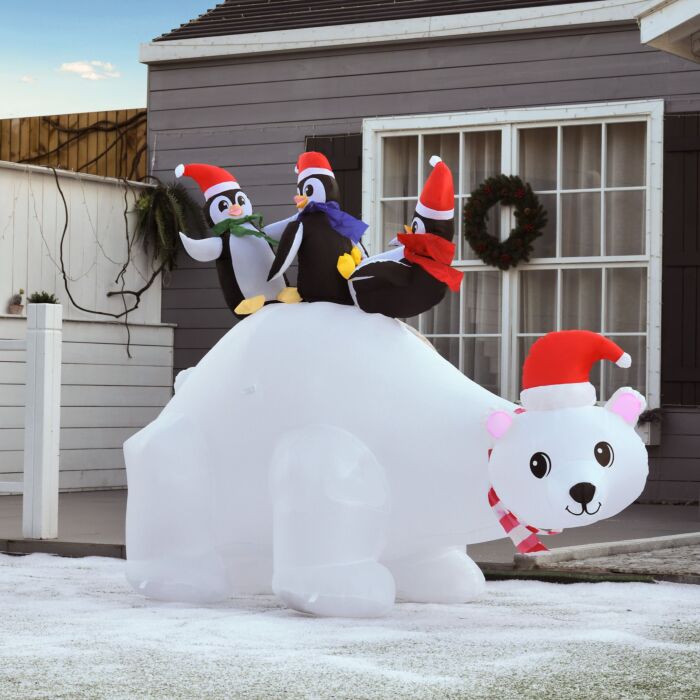 Homcom 5ft Outdoor Christmas Inflatable With Led Light, Lighted Blowup Polar Bear With Three Penguins, Giant Yard Party Decoration For Garden Lawn