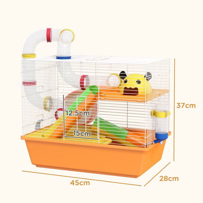 Pawhut 3 Tiers Gerbil Cage, Hamster Cage With Tubes, Exercise Wheel, Ladder, Top Handle, 45 X 28 X 37cm - Orange