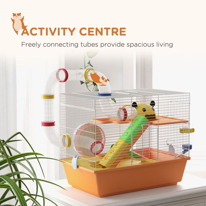 Pawhut 3 Tiers Gerbil Cage, Hamster Cage With Tubes, Exercise Wheel, Ladder, Top Handle, 45 X 28 X 37cm - Orange