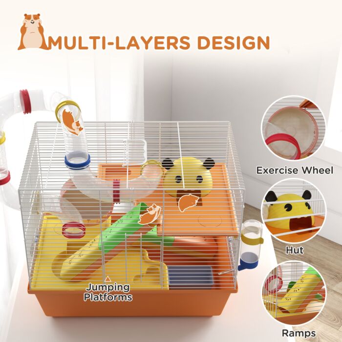 Pawhut 3 Tiers Gerbil Cage, Hamster Cage With Tubes, Exercise Wheel, Ladder, Top Handle, 45 X 28 X 37cm - Orange