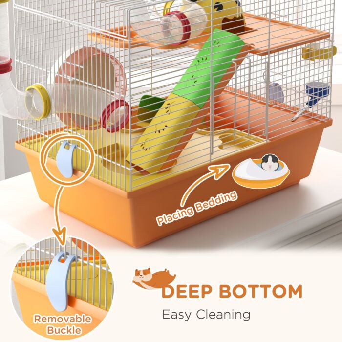 Pawhut 3 Tiers Gerbil Cage, Hamster Cage With Tubes, Exercise Wheel, Ladder, Top Handle, 45 X 28 X 37cm - Orange