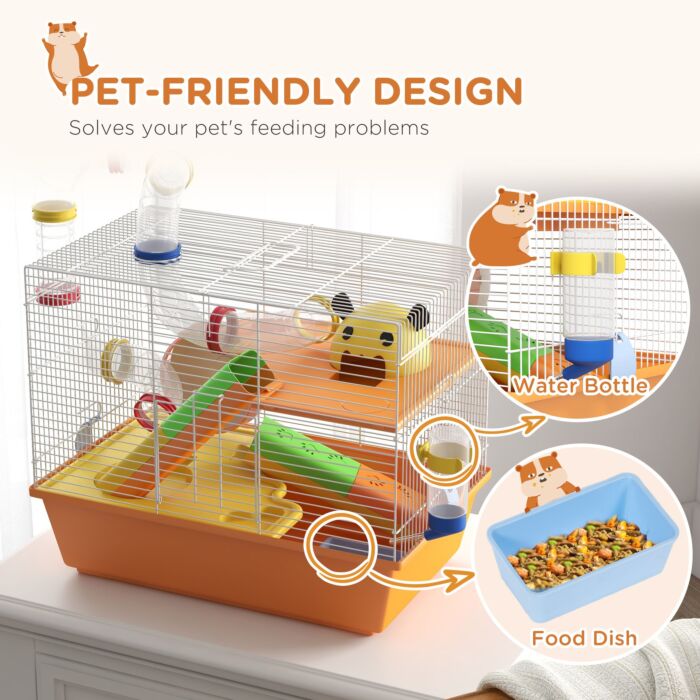 Pawhut 3 Tiers Gerbil Cage, Hamster Cage With Tubes, Exercise Wheel, Ladder, Top Handle, 45 X 28 X 37cm - Orange