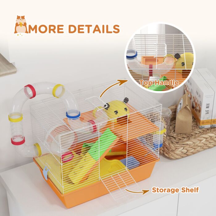 Pawhut 3 Tiers Gerbil Cage, Hamster Cage With Tubes, Exercise Wheel, Ladder, Top Handle, 45 X 28 X 37cm - Orange