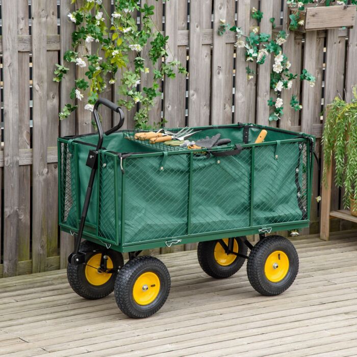 Outsunny Large 4 Wheel Heavy Duty Garden Trolley Cart Wheelbarrow With Handle And Metal Frame - Green