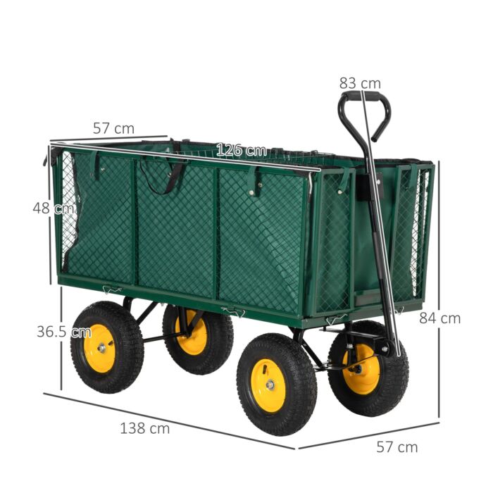 Outsunny Large 4 Wheel Heavy Duty Garden Trolley Cart Wheelbarrow With Handle And Metal Frame - Green