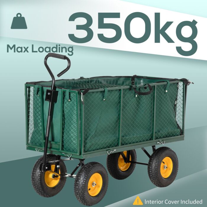 Outsunny Large 4 Wheel Heavy Duty Garden Trolley Cart Wheelbarrow With Handle And Metal Frame - Green