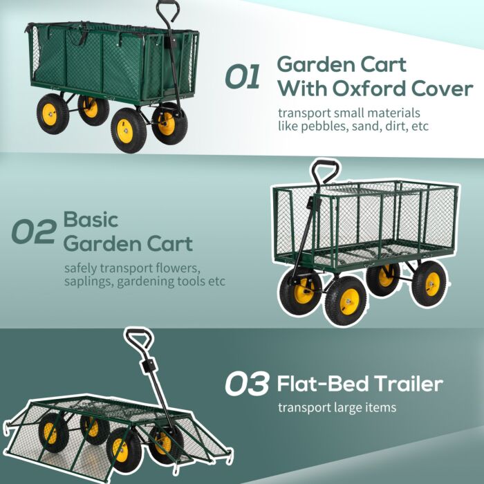 Outsunny Large 4 Wheel Heavy Duty Garden Trolley Cart Wheelbarrow With Handle And Metal Frame - Green
