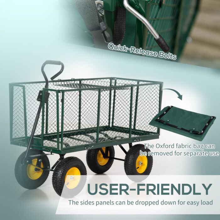Outsunny Large 4 Wheel Heavy Duty Garden Trolley Cart Wheelbarrow With Handle And Metal Frame - Green