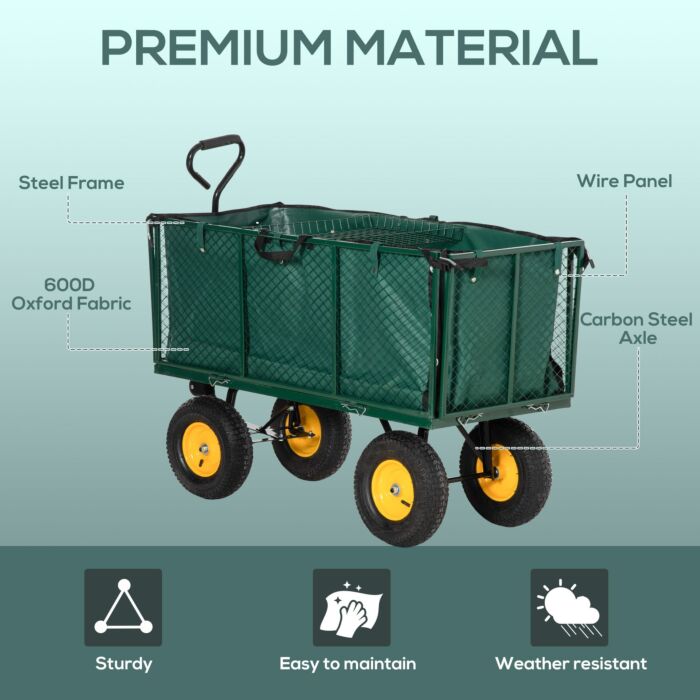 Outsunny Large 4 Wheel Heavy Duty Garden Trolley Cart Wheelbarrow With Handle And Metal Frame - Green