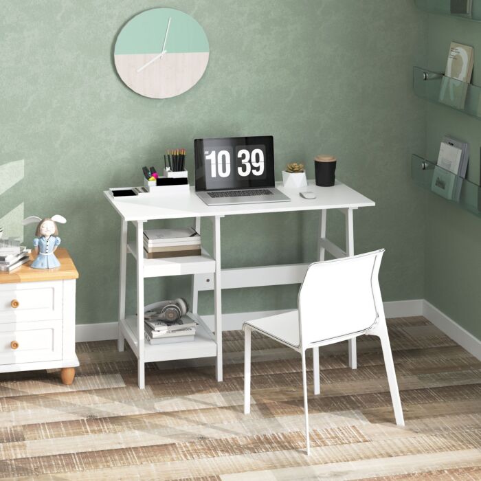 Homcom Compact Computer Desk With Storage Shelves, Study Table With Bookshelf, Pc Table Workstation For Home Office, Study, Easy Assembly, 106 X 51cm, White