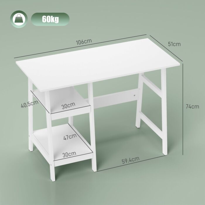 Homcom Compact Computer Desk With Storage Shelves, Study Table With Bookshelf, Pc Table Workstation For Home Office, Study, Easy Assembly, 106 X 51cm, White