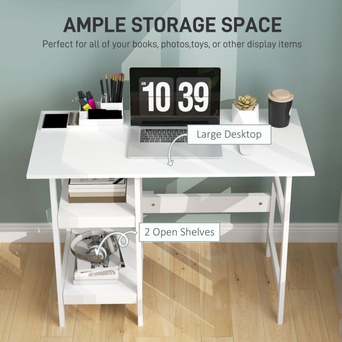 Homcom Compact Computer Desk With Storage Shelves, Study Table With Bookshelf, Pc Table Workstation For Home Office, Study, Easy Assembly, 106 X 51cm, White