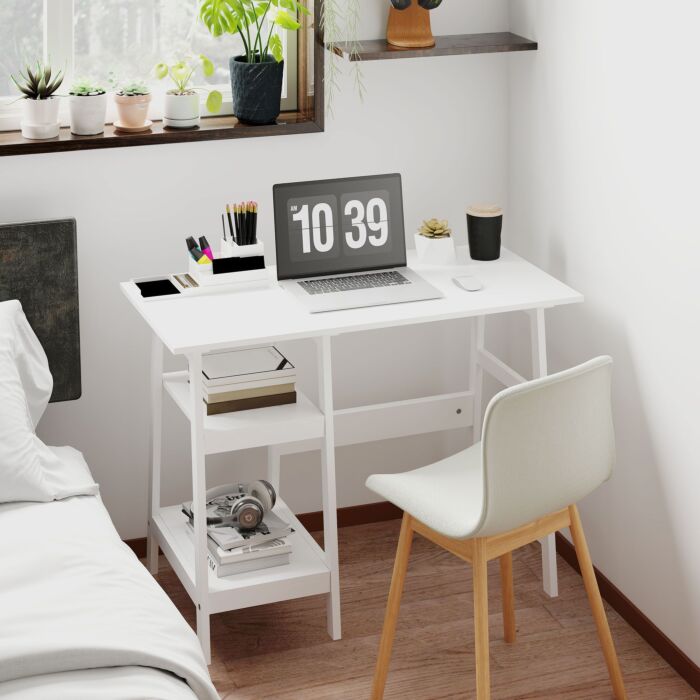 Homcom Compact Computer Desk With Storage Shelves, Study Table With Bookshelf, Pc Table Workstation For Home Office, Study, Easy Assembly, 106 X 51cm, White