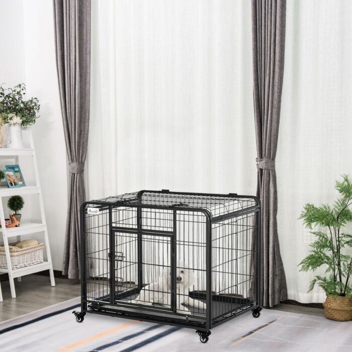 Pawhut Metal Dog Cage Kennel Locking Door & Wheels Removable Tray Openable Top For Medium Pets 94 X 58 X 69.5 Cm
