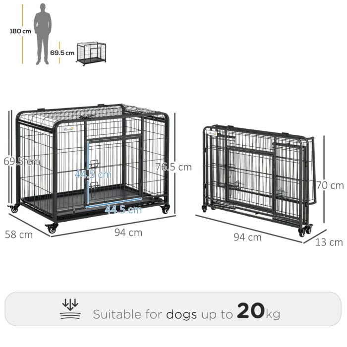 Pawhut Metal Dog Cage Kennel Locking Door & Wheels Removable Tray Openable Top For Medium Pets 94 X 58 X 69.5 Cm
