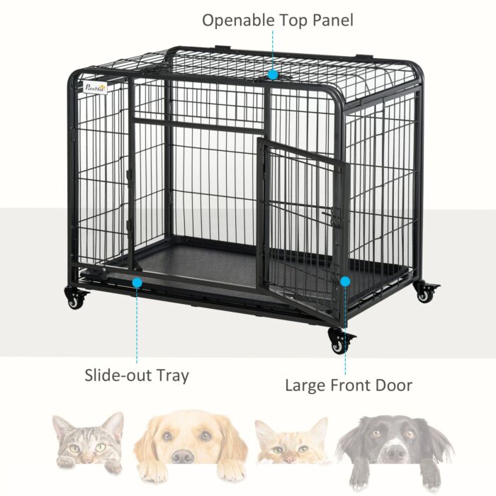Pawhut Metal Dog Cage Kennel Locking Door & Wheels Removable Tray Openable Top For Medium Pets 94 X 58 X 69.5 Cm