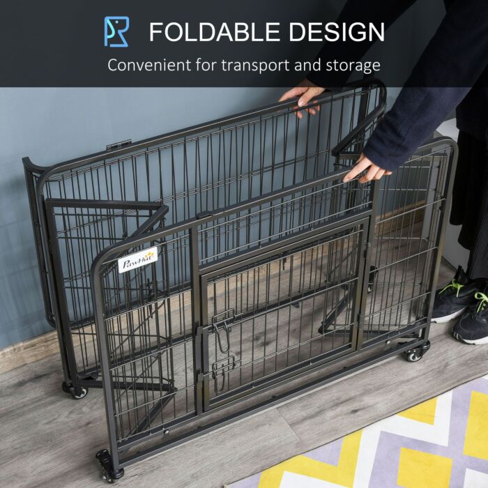 Pawhut Metal Dog Cage Kennel Locking Door & Wheels Removable Tray Openable Top For Medium Pets 94 X 58 X 69.5 Cm