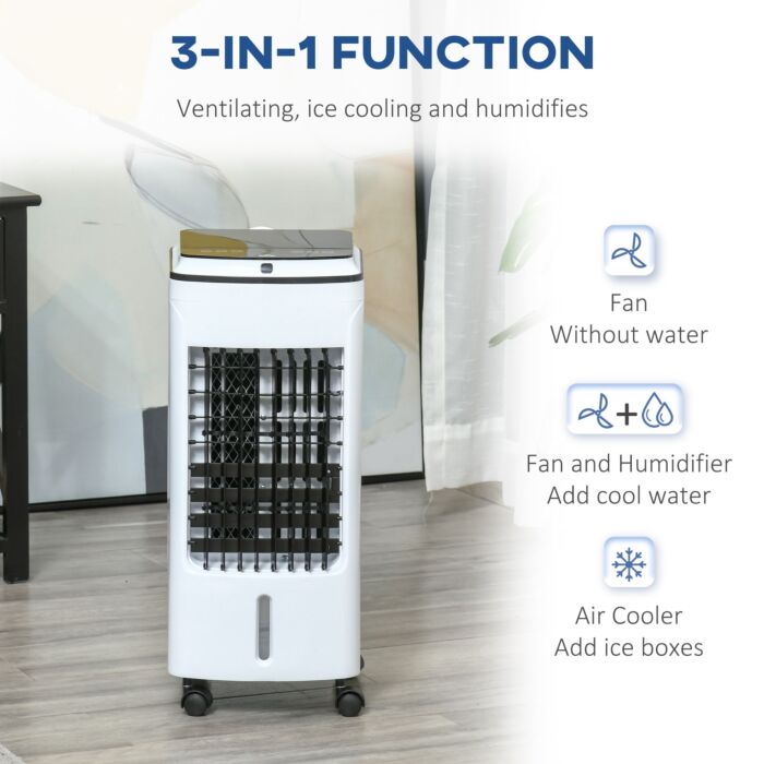 Homcom 3-in-1 Evaporative Air Cooler With 4l Water Tank, Portable Fan Cooler With Automatic Oscillation, Timer, Remote, White