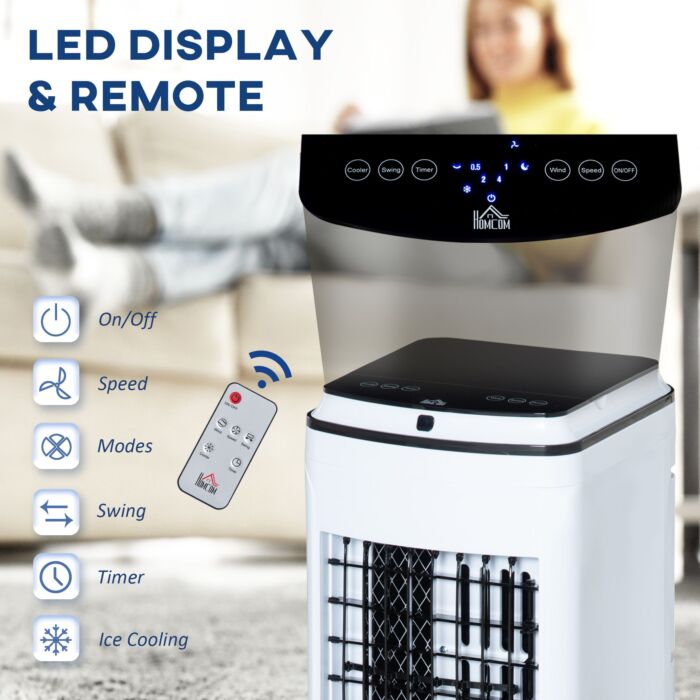 Homcom 3-in-1 Evaporative Air Cooler With 4l Water Tank, Portable Fan Cooler With Automatic Oscillation, Timer, Remote, White