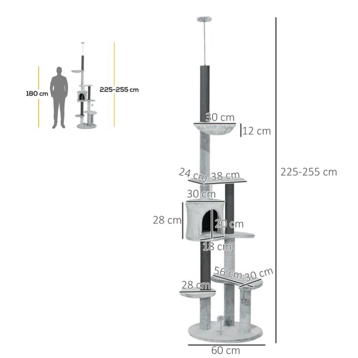 Pawhut 255cm Floor To Ceiling Cat Tree With Scratching Posts, Height Adjustable Cat Tower With Hammock, House, Anti-tipping Kit, Perches, Toys, Grey