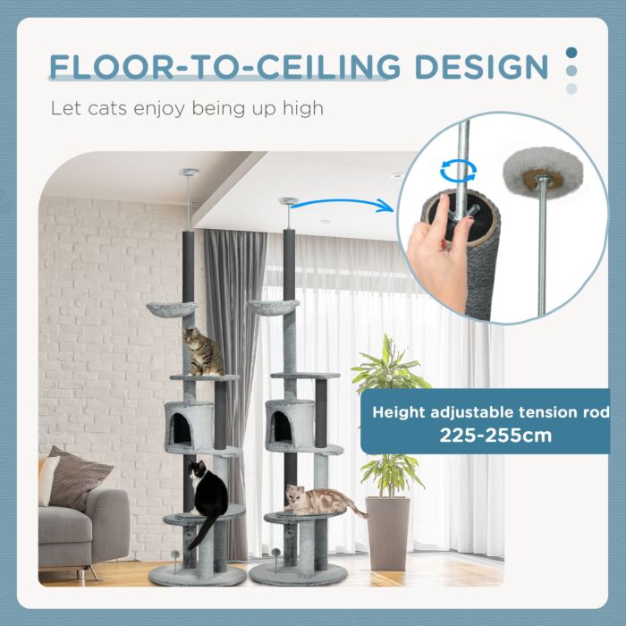 Pawhut 255cm Floor To Ceiling Cat Tree With Scratching Posts, Height Adjustable Cat Tower With Hammock, House, Anti-tipping Kit, Perches, Toys, Grey