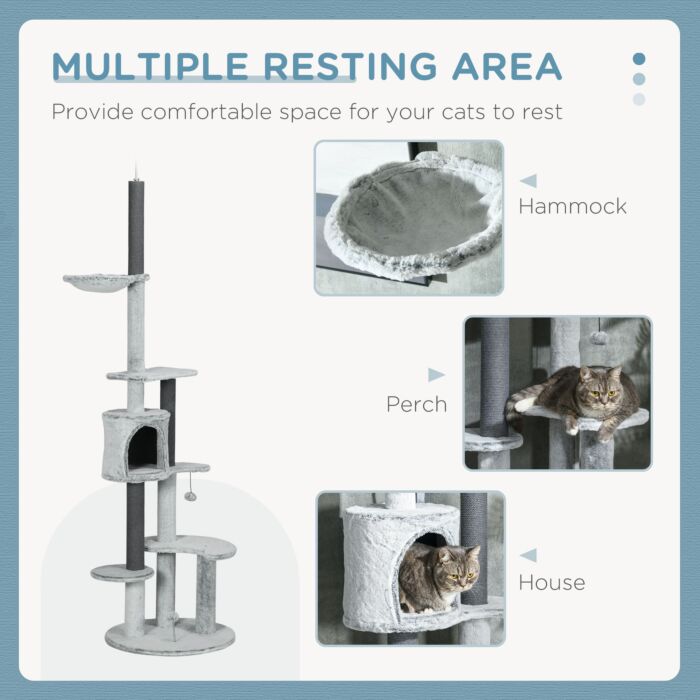 Pawhut 255cm Floor To Ceiling Cat Tree With Scratching Posts, Height Adjustable Cat Tower With Hammock, House, Anti-tipping Kit, Perches, Toys, Grey