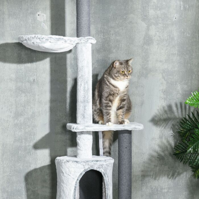 Pawhut 255cm Floor To Ceiling Cat Tree With Scratching Posts, Height Adjustable Cat Tower With Hammock, House, Anti-tipping Kit, Perches, Toys, Grey
