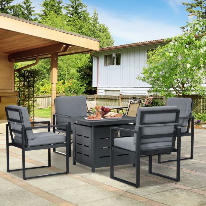 Outsunny 5-piece Aluminium Garden Furniture Sets, 4 Seater Outdoor Conversational Sofa Sectional With Gas Fire Pit Table For Yard Grey