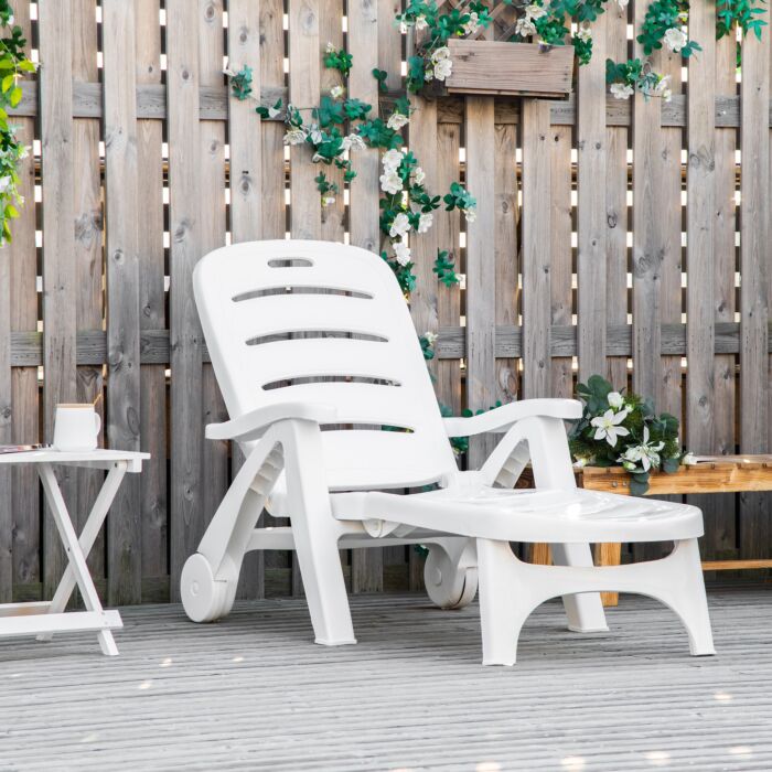 Outsunny Outdoor Folding Plastic Chaise Lounge Chair On Wheels, Patio Sun Lounger Recliner & 5-position Backrest For Garden, Beach, Pool, White