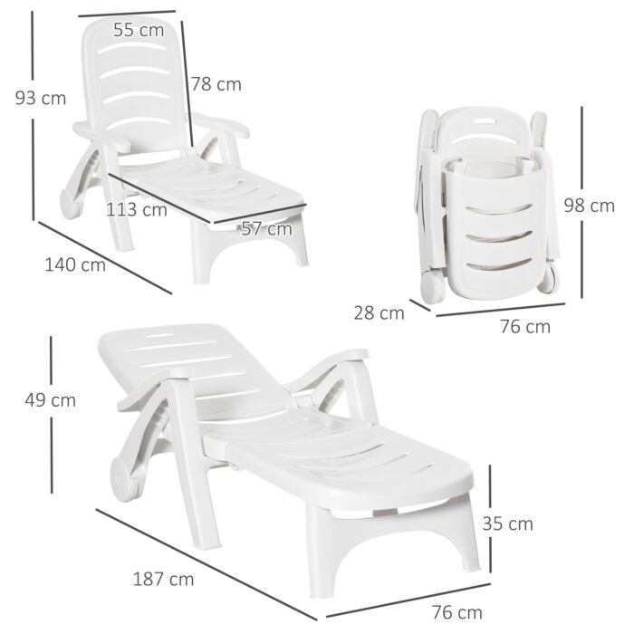 Outsunny Outdoor Folding Plastic Chaise Lounge Chair On Wheels, Patio Sun Lounger Recliner & 5-position Backrest For Garden, Beach, Pool, White