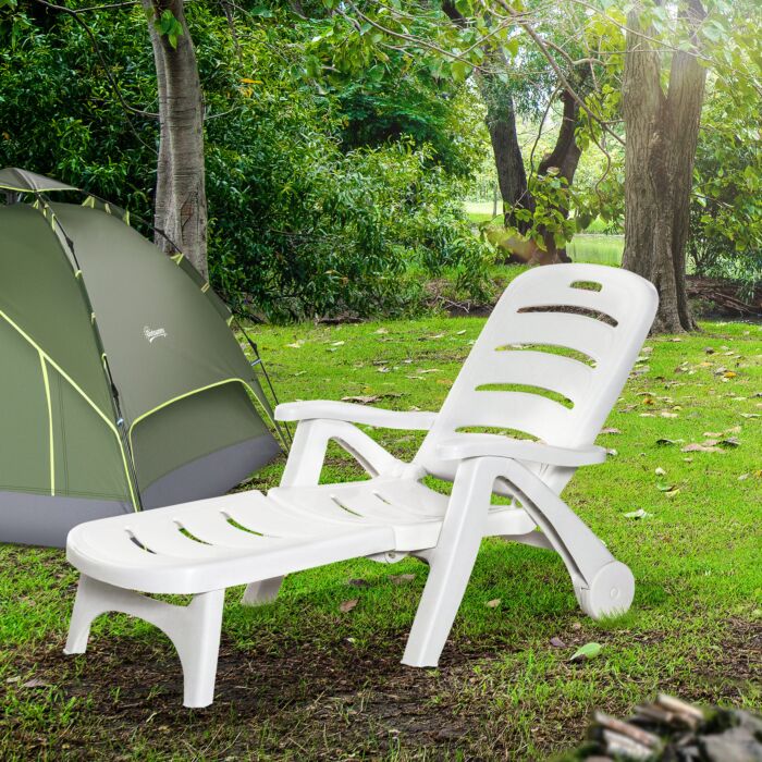 Outsunny Outdoor Folding Plastic Chaise Lounge Chair On Wheels, Patio Sun Lounger Recliner & 5-position Backrest For Garden, Beach, Pool, White