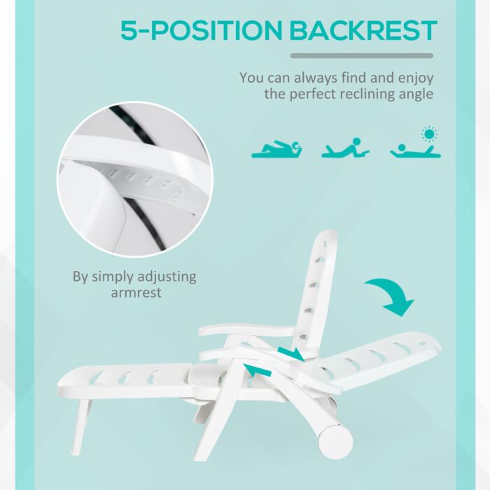 Outsunny Outdoor Folding Plastic Chaise Lounge Chair On Wheels, Patio Sun Lounger Recliner & 5-position Backrest For Garden, Beach, Pool, White