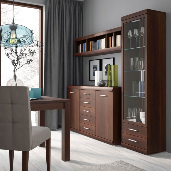 Imperial Tall Glazed 1 Door 2 Drawer Narrow Cabinet In Dark Mahogany Melamine