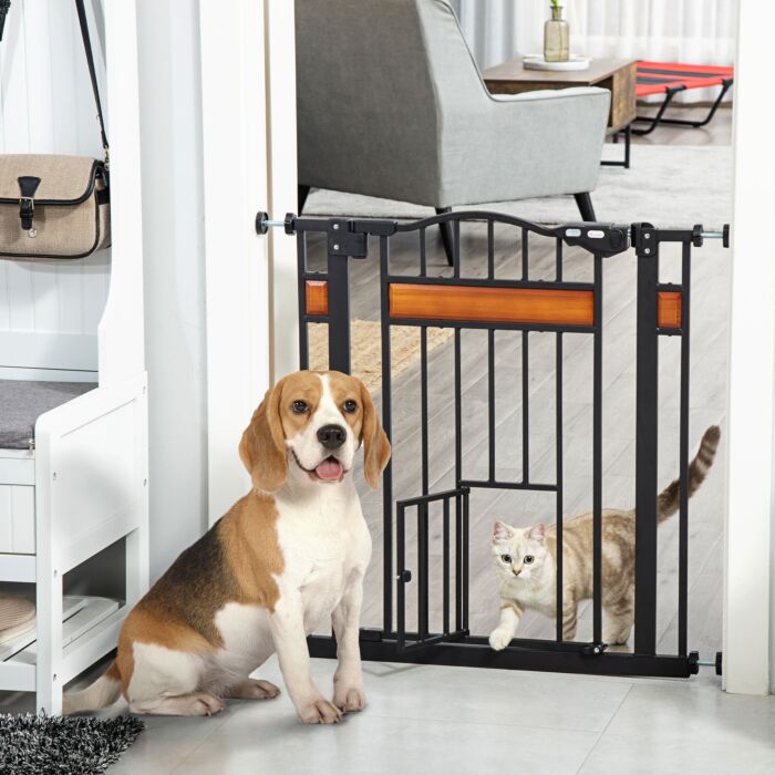 Pawhut Dog Gate With Cat Door Pet Safety Gate, Auto Close Double Locking Pine Wood Decoration, For Doorways Stairs Indoor, 74-80 Cm Wide, Black