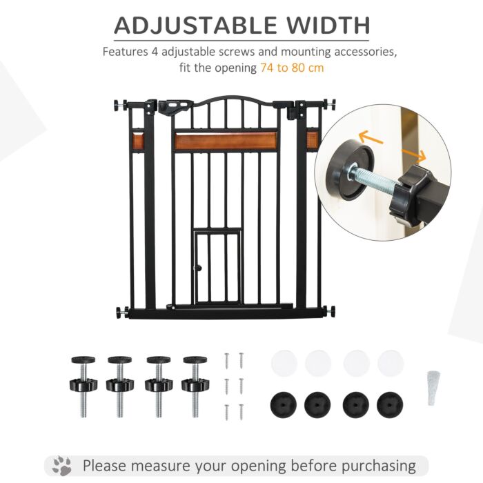 Pawhut Dog Gate With Cat Door Pet Safety Gate, Auto Close Double Locking Pine Wood Decoration, For Doorways Stairs Indoor, 74-80 Cm Wide, Black