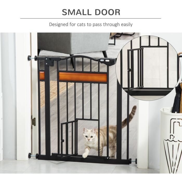 Pawhut Dog Gate With Cat Door Pet Safety Gate, Auto Close Double Locking Pine Wood Decoration, For Doorways Stairs Indoor, 74-80 Cm Wide, Black